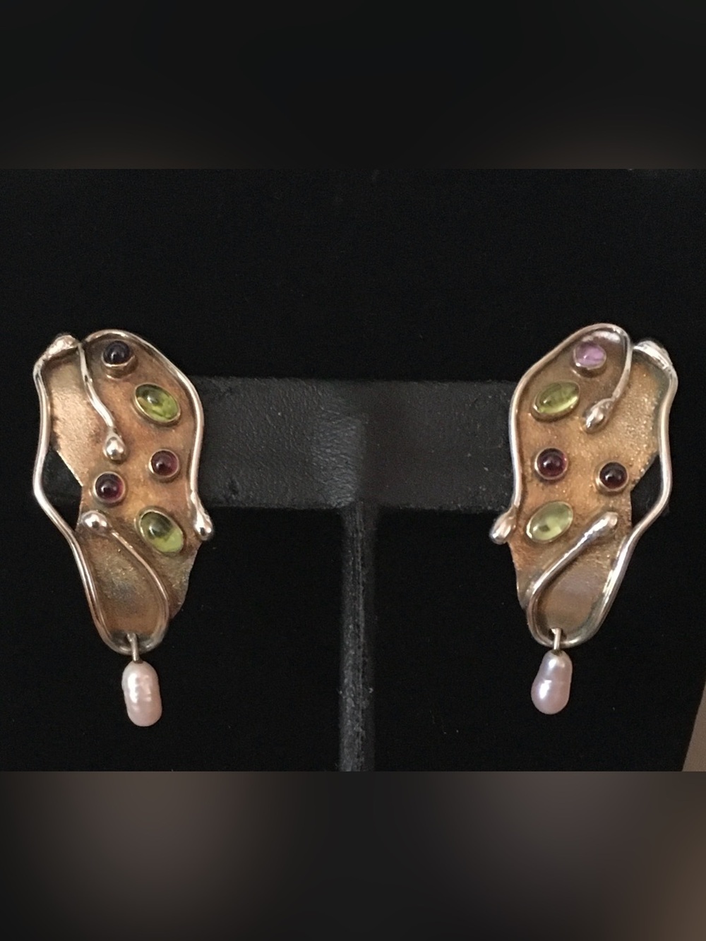 Vintage 90’s Artisan Vermeil Sterling Silver Peridot Garnet Pearl Earrings